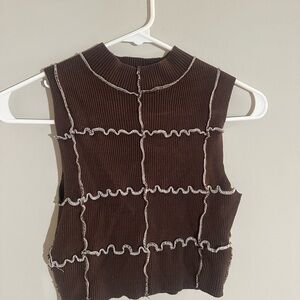 Garage Chocolate Ribbed Top with Contrast Stitching